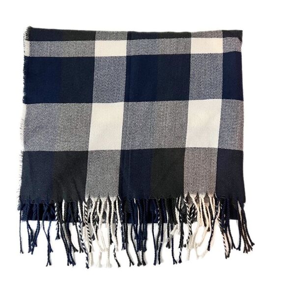 Plush Apparel Ultra Soft Plaid Fringe Scarf Navy White - Picture 2 of 4